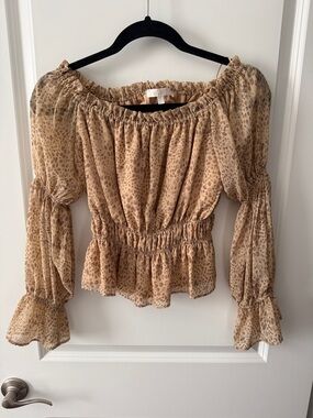 Wayf Beige Leopard Print Off-Shoulder Smocked Waist Blouse